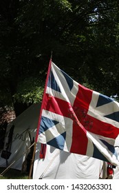 Freehold, New Jersey / USA - June 22, 2019: Revolutionary War British Flag Flying At The Monmouth Battlefield State Park
