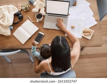 Freelance, baby and woman with laptop with screen, child care and article research for publication. Remote work, kid and editor by above for multitask, news story and motherhood with mockup at home - Powered by Shutterstock - Get 15% off with code: PIKWIZARD15