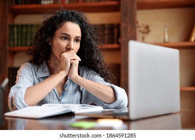 Freelance Stress. Concerned Female Freelancer Tired After Work On Laptop At Home, Having Problems With Project, Sitting At Desk And Looking At Computer, Thinking About Deadline And Troubles