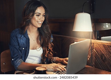 Freelance, typing and woman in cafe with laptop, research info and planning for article angle. Restaurant, female person or content writer with computer for self employed, publication and wordpress
