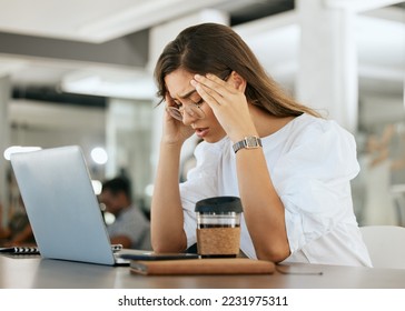 Freelance woman, burnout headache and head pain from work stress, overtime and mental health fatigue problem. Remote worker, tired and unwell while suffering from bad migraine, anxiety and exhaustion