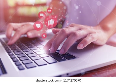 Freelance Woman Hand Using Laptop Computer For Marketing Or Playing Social Media And Website, Social Network Technology Concept.