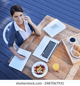 Freelancer, smile and phone call with breakfast, outdoor and table with healthy food, employee and online. Person, writing and technology of pc, business and creative as worker with coffee and above - Powered by Shutterstock