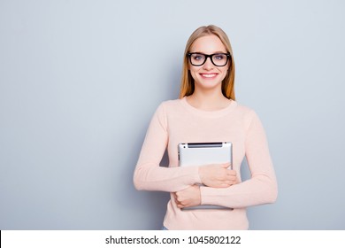 Freelancer Studying Nerd People Person Lifestyle Leisure  Concept. Portrait Of Confident Minded Cheerful Excited Focused Clever Teenage Girl Secretary Holding Digital Tablet Isolated Gray Background