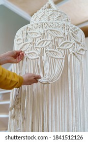 Freelancer Woman Working On Half-finished Macrame Piece, Weaves Lamp Shade For Chandelier. Women Hobby.