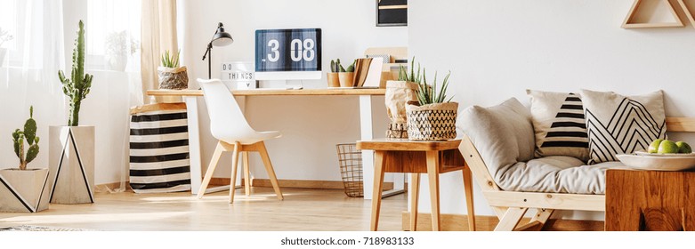 Freelancer's workspace with cacti and patterned pillows on beige sofa in multifunctional living room