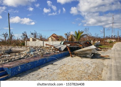 Freeport, Grand Bahama Island, Bahamas - October 11 2019 : Eastern part of the Grand Bahama Island where most of the devastation occurred from Hurricane Dorian. View of destroyed homes.