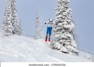 A Freerider In Bright Gear Jumps Between Christmas Trees With A Backflip Element. Prof Skier In A Beautiful Flight At High Altitude. Winter Fun At The Ski Resort. Good Powder Day. Funny Skiing