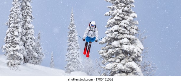 A Freerider In Bright Gear Jumps Between Christmas Trees With A Backflip Element. Prof Skier In A Beautiful Flight At High Altitude. Winter Fun At The Ski Resort. Good Powder Day. Funny Skiing