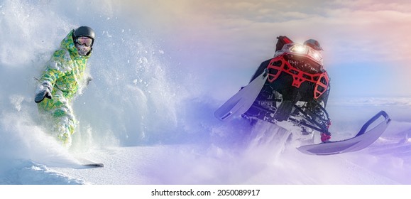freeriders are snowboarders and snowmobilers. advertising of winter extreme sports. the concept of ski resorts and the mecca of snowmobile tourism