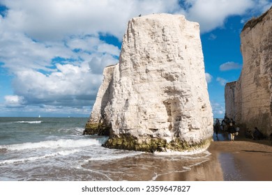 Freestanding white chalk cliff stack on Botany Bay, Kent, England, UK