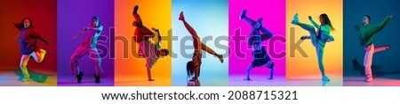 Freestyle. Collage made with images of break dance or hip hop dancer in action, motion isolated over multicolored background in neon. Youth culture, movement, music, fashion, action.