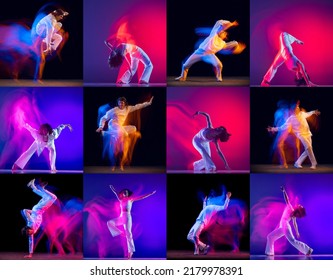 Freestyle Dance. Collage With Young Men And Women, Break Dance Or Hip Hop Dancers Dancing Isolated Over Multicolored Background In Neon Mixed Light. Youth Culture, Movement, Music, Fashion, Action.