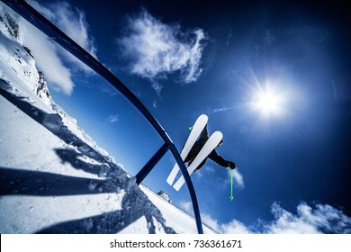 Freestyle Skier On The Rail, Amazing Winter Weather