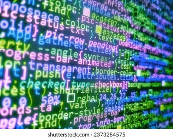 Freeware open source project. Business and AI technology represent learning process. Binary Screen Background, Petya Virus. HTML markup language closeup