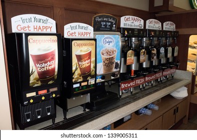 FREEWAY 94, MINNESOTA / USA - JULY 19, 2016: Long Row Of Convenience Store Coffee Dispensers Featuring Many Flavors. 