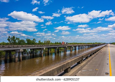 Freeway Bridge Over Atchafalaya River Basin In Louisiana