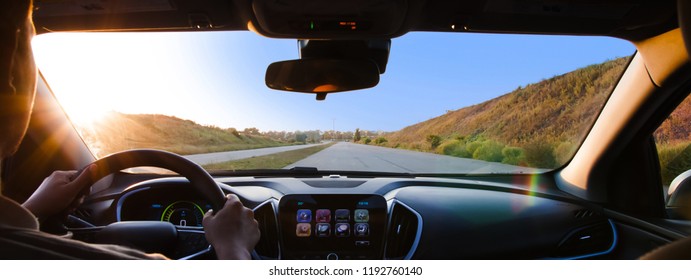 Freeway Driving. Car Driver View. Hands On The Helm. Road To Home.