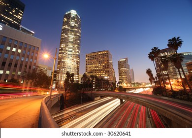 Freeway Traffic In Downtown Los Angeles At Night.