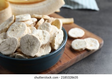 Freeze Dried And Fresh Bananas On Grey Table, Closeup. Space For Text