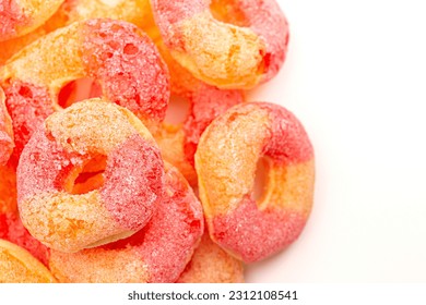 Freeze Dried Peach Rings on a White Background - Shutterstock ID 2312108541