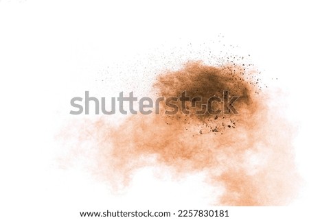 Freeze motion of brown dust explosion on white background.Stopping the movement of brown powder.