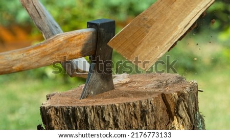 Freeze motion of chopping wooden logs with axe.