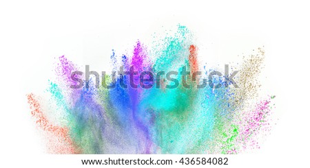 Freeze motion of colored dust explosion isolated on white background.