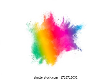 Freeze Motion Of Colorful Color Powder Exploding On White Background. 
Paint Holi.Indian Festival Holi