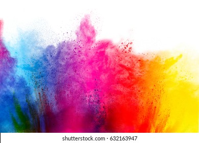 Freeze Motion Of Colorful  Painted Powder Exploding  On White Background. Abstract Design Of Color Dust Cloud. Particles Explosion. Splash Of Colorful Painted Powder On White Background.