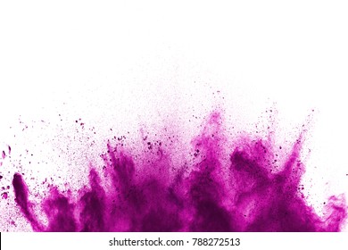 Freeze motion of colorful  painted powder exploding  on  background. Abstract design of purple color dust cloud. Purple Particles explosion. Splash of colorful painted powder on white background.