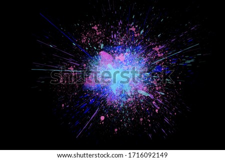 Freeze motion of colorful powder exploding, isolated on black, dark background. Abstract design of dust cloud. Particles explosion, screen saver wallpaper with copy space. Vivid magenta blue cyan ash