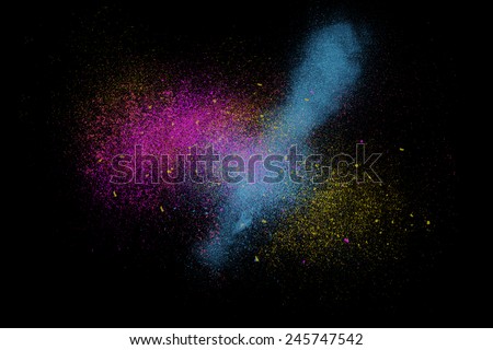 Freeze motion of colorful powder exploding, isolated on black, dark background. Abstract design of dust cloud. Particles explosion screen saver wallpaper with copy space. Vivid yellow blue magenta ash