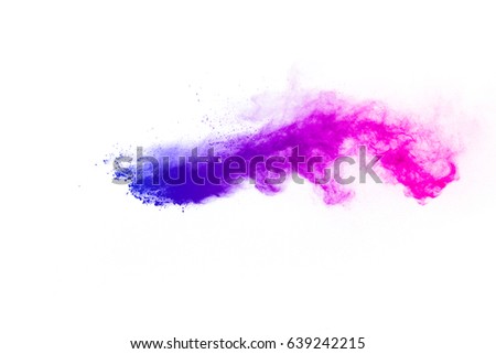 Freeze motion explosion of purple and blue dust on a white background. By throwing talcum powder out of hand. Stopping the movement of purple and blue powder on white background.