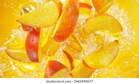 Freeze Motion of Flying Peaches Slices into Water, Colored Background. Concept of Flying Fresh Fruit, Splashing into Water. - Powered by Shutterstock