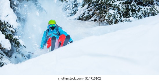 Freeze Motion Of Freerider In Deep Powder Snow, Skiing In Forest