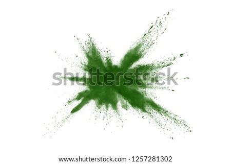 Freeze motion of green powder exploding on white background.