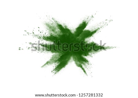 Freeze motion of green powder exploding on white background.