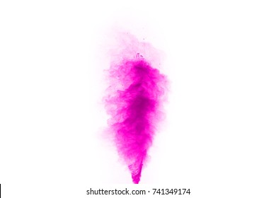 Freeze motion of Pink powder exploding, isolated on white background. Abstract design of Pink dust cloud.