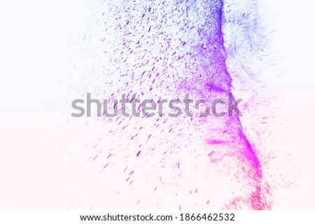 Freeze motion of white particles on white background. Powder explosion. Abstract dust overlay texture.