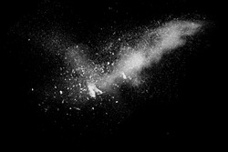 Freeze Motion Of White Powder Exploding, Isolated On Black, Dark Background. Abstract Design Of White Dust Cloud. Particles Explosion Screen Saver, Wallpaper With Copy Space. Planet Creation Concept 