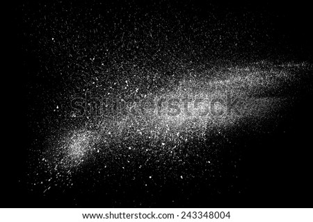 Freeze motion of white powder exploding, isolated on black, dark background. Abstract design of white dust cloud. Particles explosion screen saver, wallpaper with copy space. Planet creation concept 
