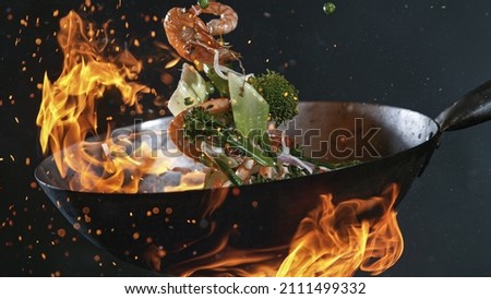 Freeze Motion of Wok Pan with Flying Ingredients in the Air and Fire Flames.