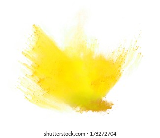 Freeze Motion Of Yellow Dust Explosion Isolated On White Background