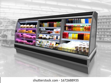 Freezer, Interfridge in supermarket. There types of food in coolers: Meat, fast-food in box and juice bar fridge.
Suitable for mockup packaging new graphic design labels on juice bottles