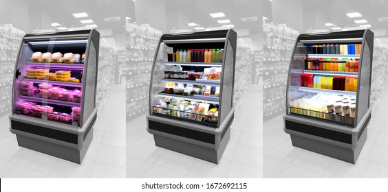 Freezer, Interfridge In Supermarket. There Types Of Food In Coolers: Meat, Fast-food In Box And Juice Bar Fridge.
Suitable For Mockup Packaging New Graphic Design Labels On Juice Bottles