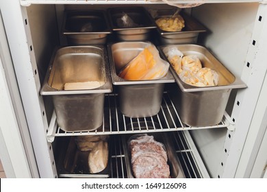 Freezer Refrigerator With Various Frozen Foods Billet Storage Restaurant.