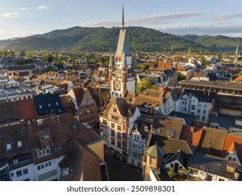 Freiburg im Breisgau, Germany at Sunrise. Aerial Drone Shot on Freiburger Dom Cathedral. 4k Drohne Footage