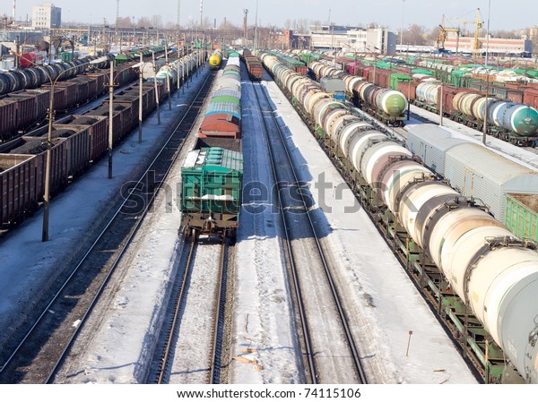 Freight cars in cargo port - railroad yard\
freight station. packet\
station