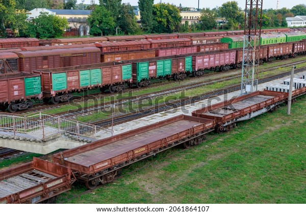 Freight cars of the train. Railway of\
Moldova. Background with copy space for text or lettering.\
Illustrative editorial. September 15, 2021, Balti\
Moldova.